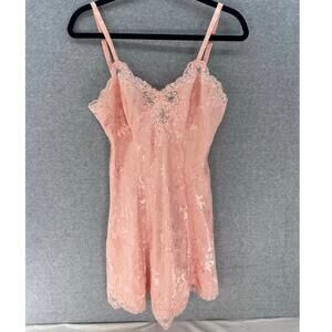 VTG Victoria Secret Sz M Gold Label Pink Peach Lace Nightie Slip Dress Lingerie